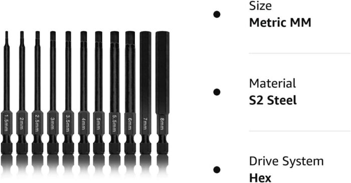 NEIKO 01148A Hex Allen Power Bit Set, 11-Piece Metric Sizes 1.5mm to 8mm | Magnetic Head Bits 3 Quick Release Shanks Premium S2 Steel Compatible with Drills and Impact Drivers - Image 7