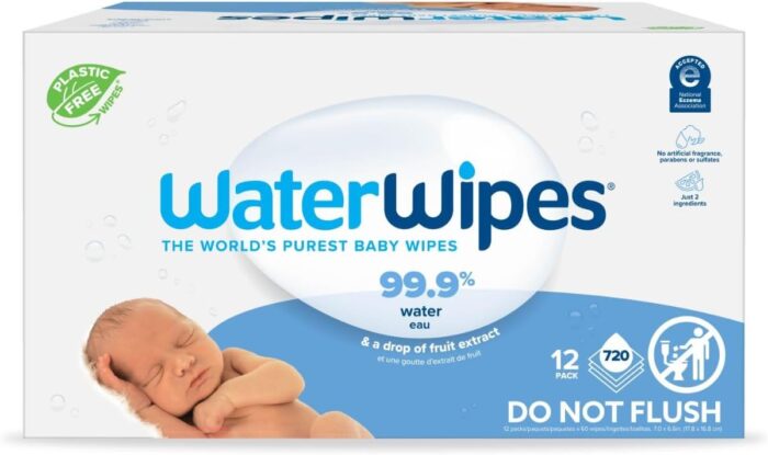 WaterWipes Plastic-Free Original Baby Wipes, 99.9% Water Based Wipes, Unscented & Hypoallergenic for Sensitive Skin, 60 Count (Pack of 12), Packaging May Vary