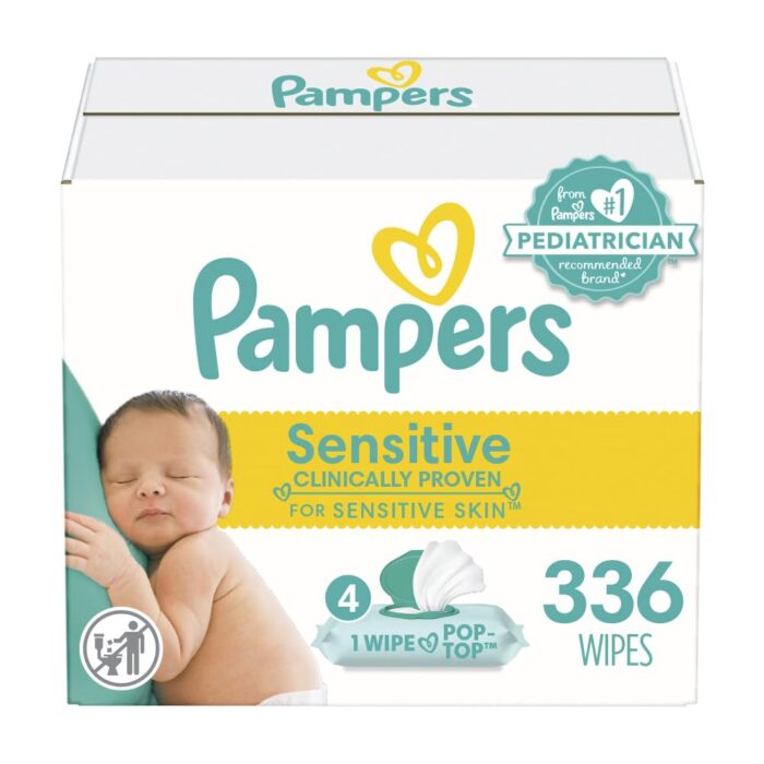 Pampers Sensitive Baby Wipes, Water Based, Hypoallergenic and Unscented, 4 Flip-Top Packs (336 Wipes Total)