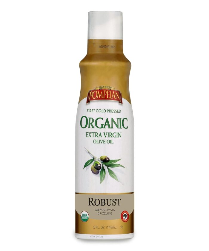 Pompeian USDA Certified Organic Extra Virgin Olive Oil Non-Stick Cooking Spray, Full-Bodied Flavor, Perfect for Salads and Pasta Drizzling, Naturally Gluten Free, Non-Allergenic, Non-GMO, No Propellants, 5 FL. OZ., Single Bottle