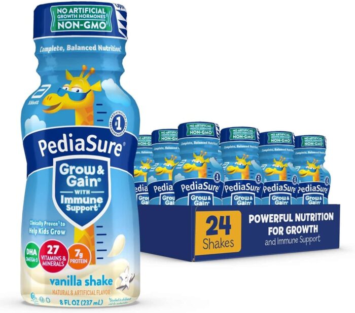 PediaSure Grow & Gain with Immune Support, Kids Protein Shake, 27 Vitamins and Minerals, 7g Protein, Helps Kids Catch Up On Growth, Non-GMO, Gluten-Free, Vanilla, 8 Fl Oz (Pack of 24)