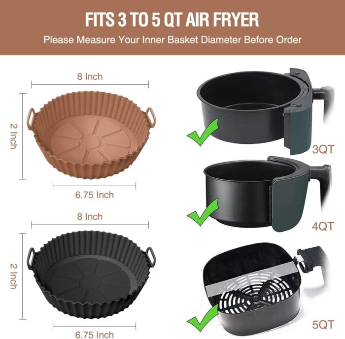 2 Pack Air Fryer Silicone Liners Pot for 3 to 5 QT, Air Fryer Silicone Basket Bowl, Replacement of Flammable Parchment Paper, Reusable Baking Tray Oven Accessories, Brown+Blk, (Top 8in, Bottom 6.75in) - Image 2