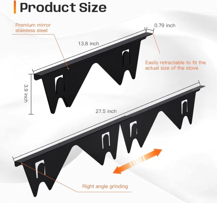 Stainless Steel Stove Gap Covers,Stove Gap Filler, Range Trim Kit, Stove Gap Guards, Heat Resistant and Easy to Clean, Easy retractable Length 13.8" to 27.5", Width 0.79",Black(2PCS) - Image 2