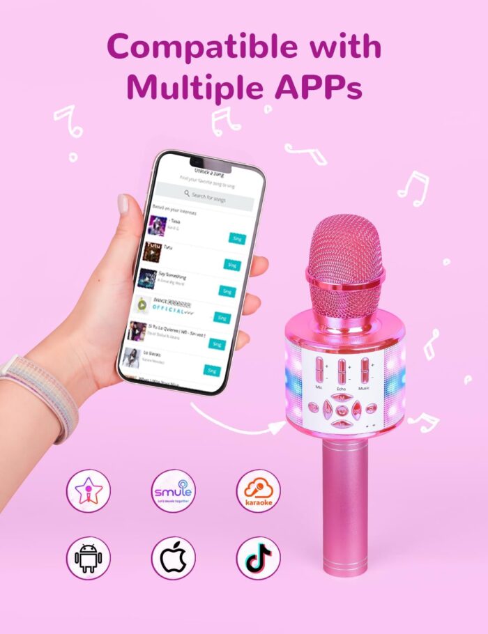 Amazmic Toys for Girls, Kids Karaoke Microphone Toddler Microphone for Kids with Lights, Birthday Gift for Girls, Boys Toy Age 3 4 5 6 7 8+(Light Pink) - Image 3