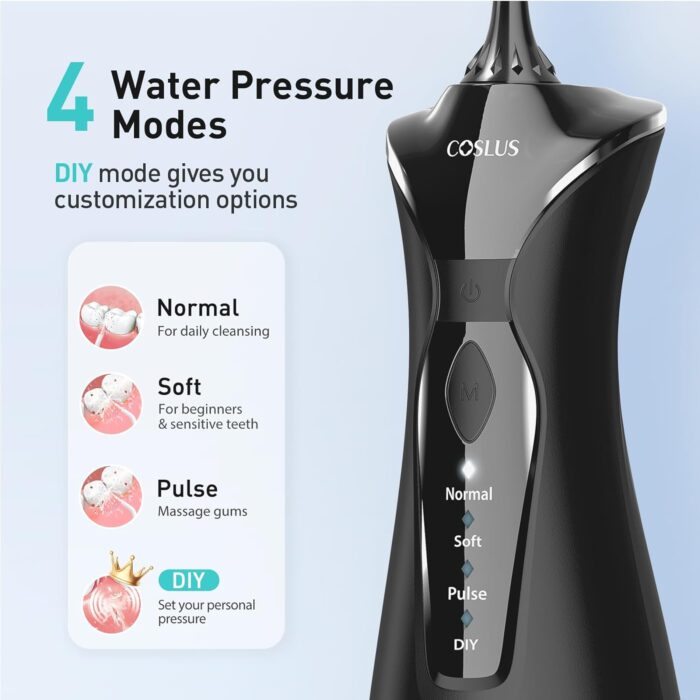 COSLUS Water Dental Flosser Pick for Teeth: 4 Modes Cordless Portable 300ML Larger Tank Water Teeth Cleaner IPX7 Waterproof Oral Irrigator Professional Flossing Cleaning Picks for Home Travel FC5360 - Image 4