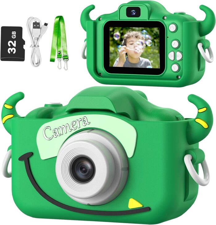 Goopow Kids Camera Toys for 3-8 Year Old Girls Boys,Children Digital Video Camcorder Camera with Cartoon Soft Silicone Cover, Best Chritmas Birthday Festival Gift for Kids - 32G SD Card Included