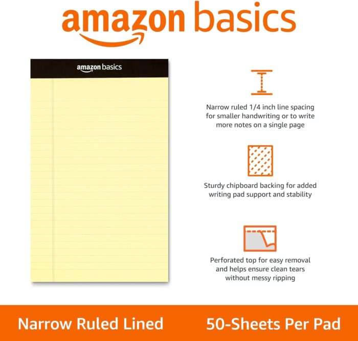 Basics Narrow Ruled Lined Writing Note Pad, 5 inch x 8 inch, Canary, 12 Count ( 12 Pack of 50 ) - Image 2