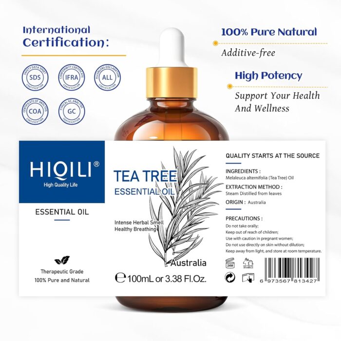 HIQILI Tea Tree Essential Oil (100 ML), 100% Pure for Toenail Fungus, Hair Damage, Add to Shampoo, Body Wash, Conditioner - 3.38 Fl Oz - Image 7