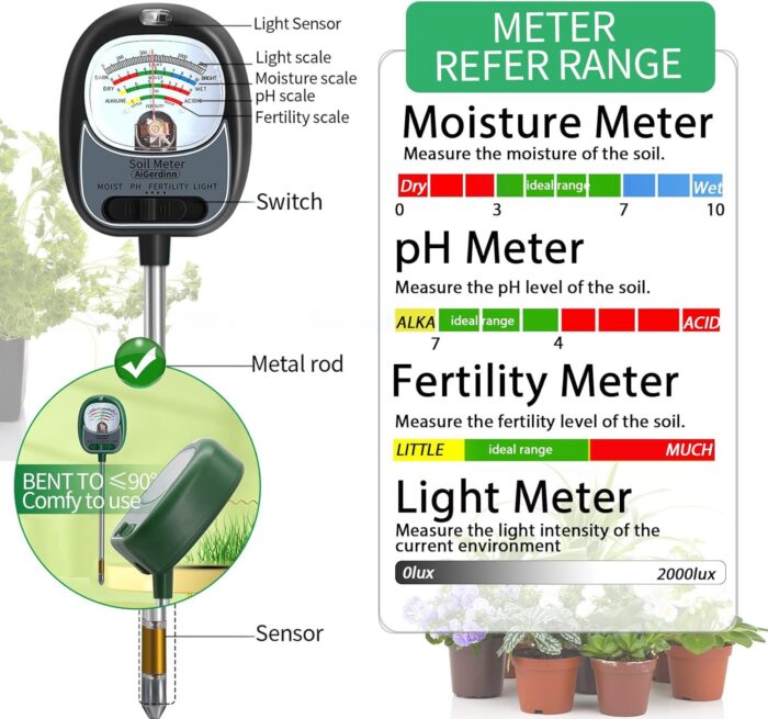 4-in-1 Soil Test Kit, Soil Moisture Meter/Light/Fertility/Soil pH Meter for Gardening, No Need Battery Soil Plant Hygrometer Soil Tester for Indoor&Outdoor Garden,Farm,Lawn -MatteBlack - Image 5