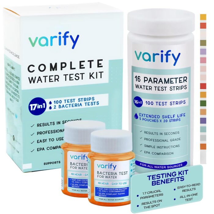 Varify 17 in 1 Complete Drinking Water Test Kit - 100 Strips + 2 Bacteria Tester Kits - Well, Tap, Home, City Water Testing Strip for Lead, Alkaline, Chlorine, Hardness, Iron, Fluoride, Copper & More