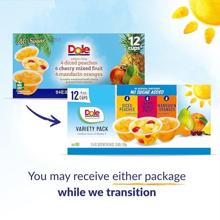 Dole Fruit Bowls No Sugar Added Variety Pack Snacks, Peaches, Mandarin Oranges & Cherry Mixed Fruit, 4oz 12 Cups, Gluten & Dairy Free, Bulk Lunch Snacks for Kids & Adults - Image 2