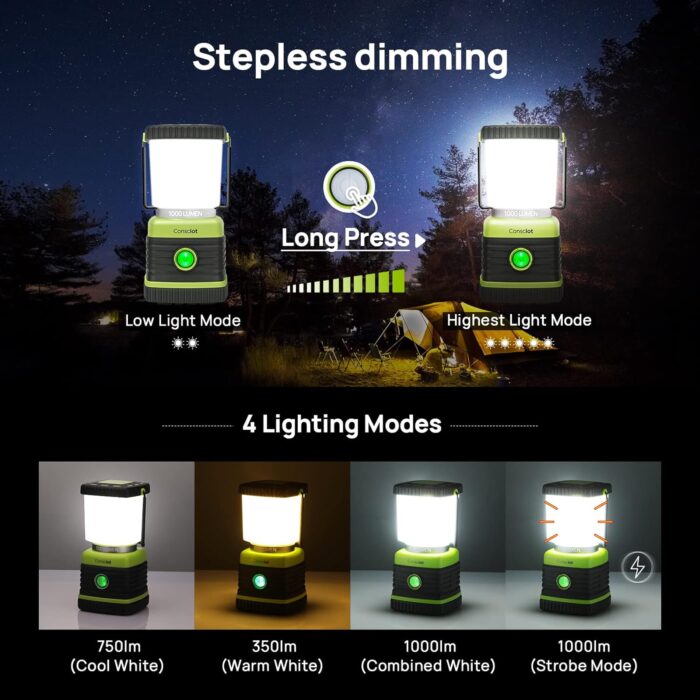 LED Camping Lantern, Consciot Battery Powered Camping Lights, 1000LM, 4 Light Modes, IPX4 Waterproof Tent Lights, Portable Flashlight for Power Outages, Emergency, Hurricane, Hiking, 2-Pack - Image 3