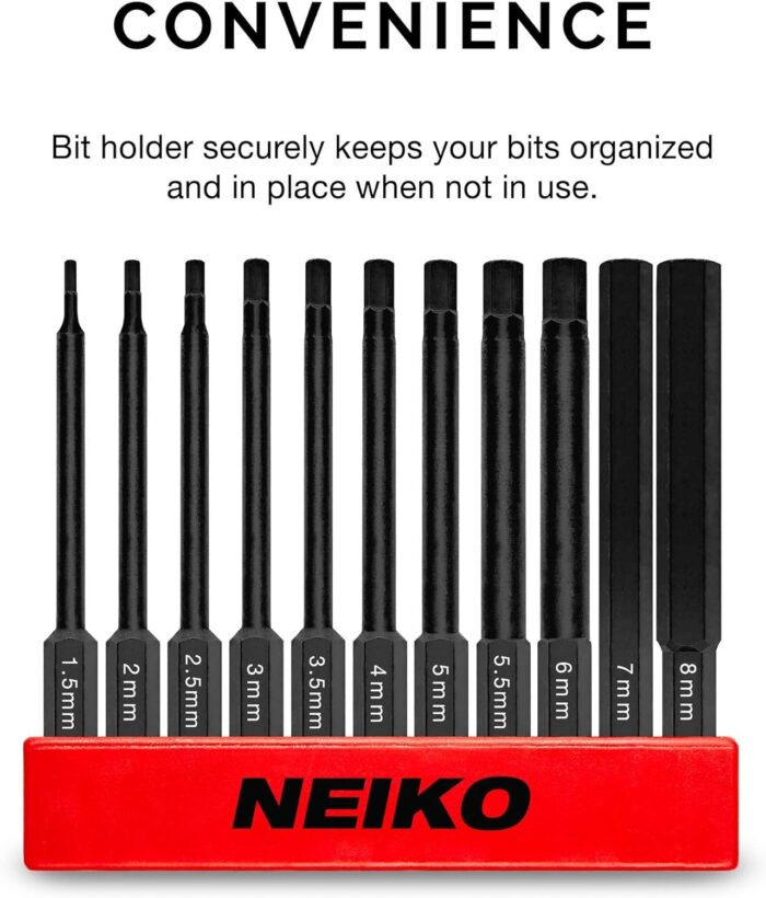 NEIKO 01148A Hex Allen Power Bit Set, 11-Piece Metric Sizes 1.5mm to 8mm | Magnetic Head Bits 3 Quick Release Shanks Premium S2 Steel Compatible with Drills and Impact Drivers - Image 3