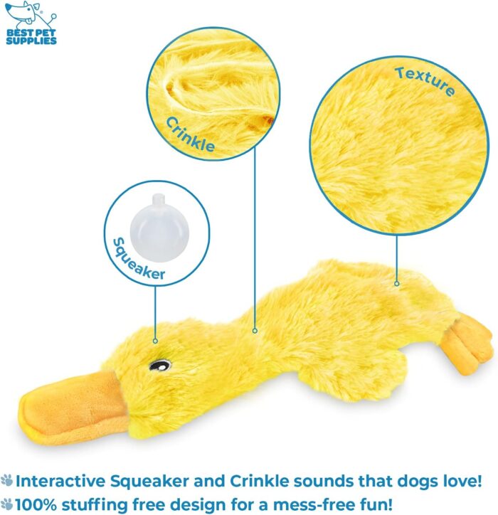 Best Pet Supplies Crinkle Dog Toy for Small, Medium, and Large Breeds, Cute No Stuffing Duck with Soft Squeaker, Fun for Indoor Puppies and Senior Pups, Plush No Mess Chew and Play - Yellow - Image 3