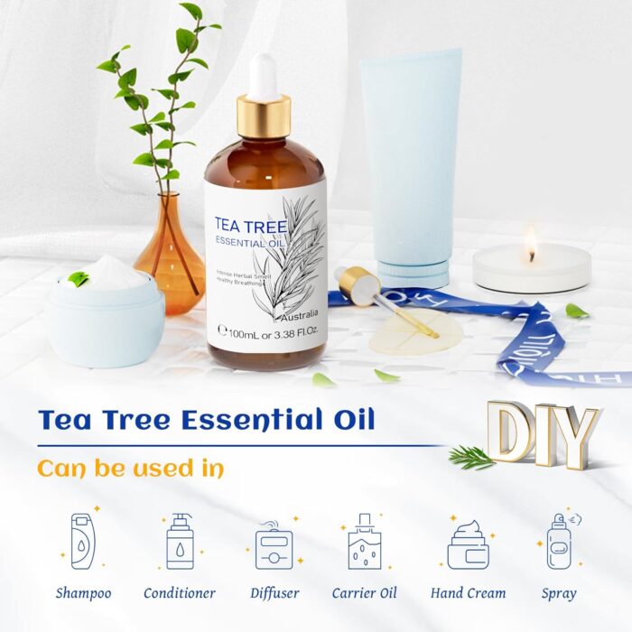 HIQILI Tea Tree Essential Oil (100 ML), 100% Pure for Toenail Fungus, Hair Damage, Add to Shampoo, Body Wash, Conditioner - 3.38 Fl Oz - Image 5