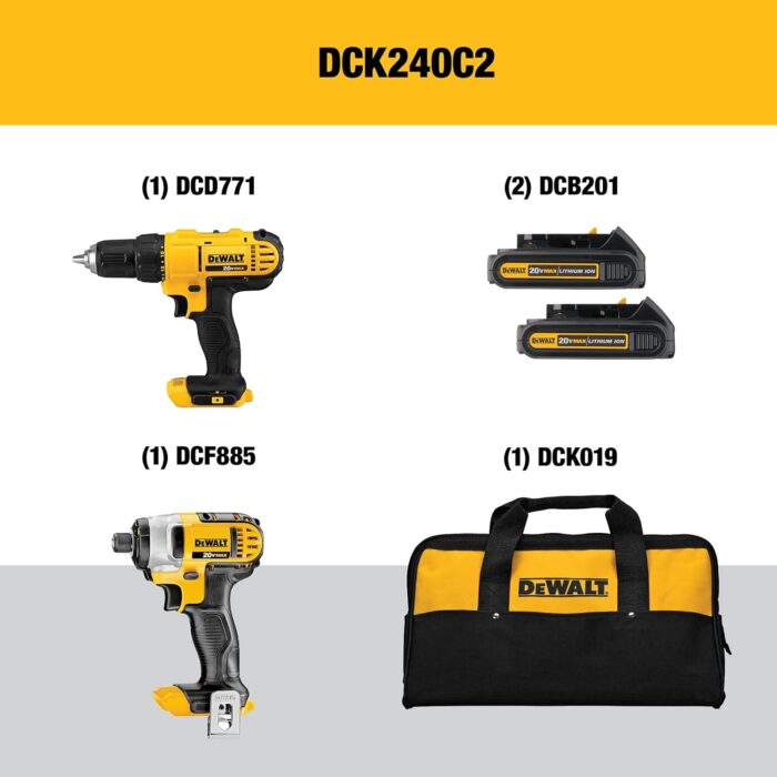 DEWALT - Brush 20V MAX Cordless Drill Combo Kit, 2-Tool (DCK240C2) Yellow/Black Drill Driver/Impact Combo Kit - Image 2