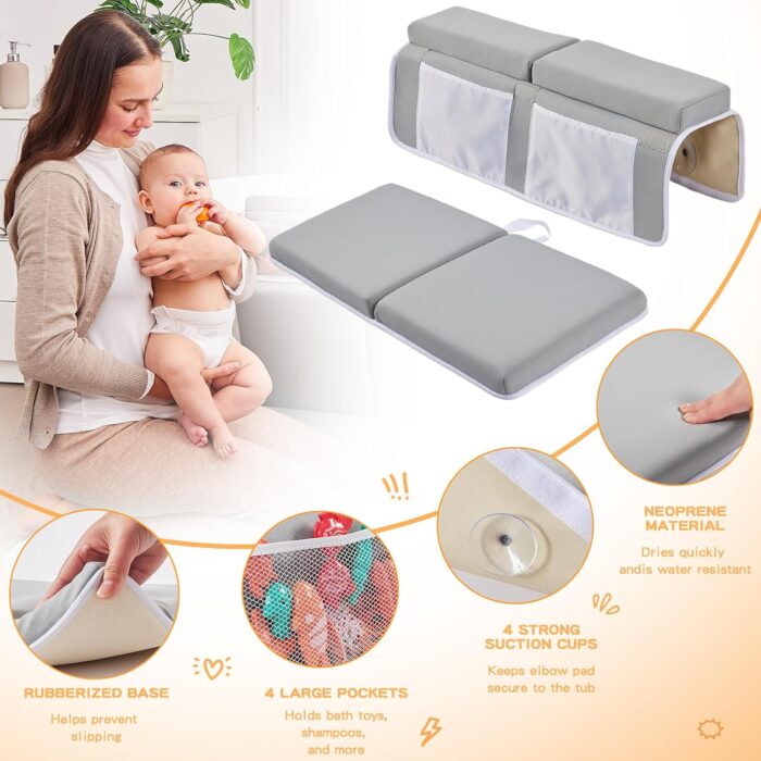 Baby Bath Kneeler and Elbow Rest Pad Set, Baby Bathtub Mat for Newborn Essentials Must Haves,Kneeling Pad with Soft Memory Foam and Bath Toy Organizer,Silicone Brush Bath Sponge,Grey - Image 6