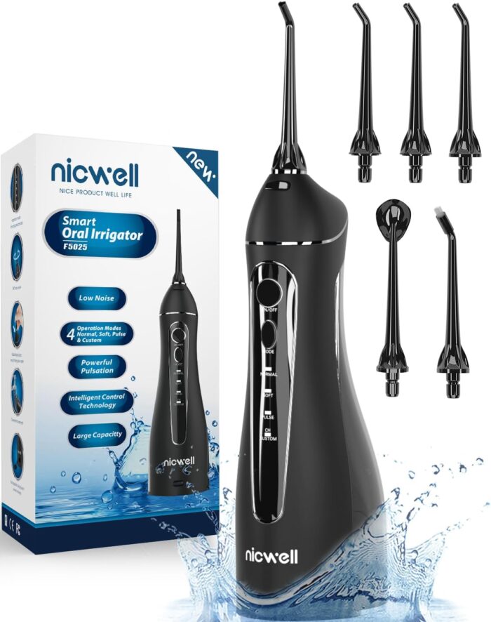 Nicwell Water Dental Flosser Teeth Pick - 4 Modes Dental Oral Irrigator, Portable & Rechargeable IPX7 Waterproof Personal Orthodontic Supplie Water Teeth Cleaner Picks for Home Travel