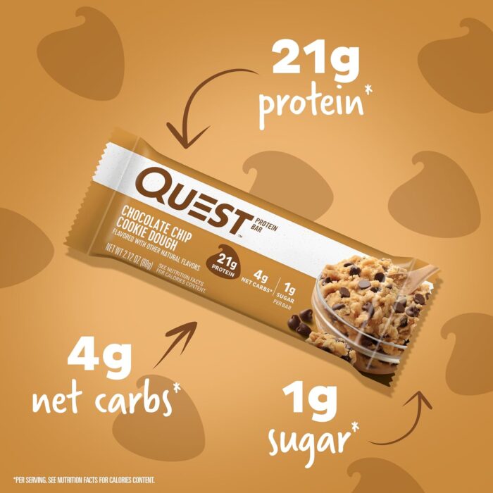 Quest Nutrition Chocolate Chip Cookie Dough Protein Bars, High Protein, Low Carb, Gluten Free, Keto Friendly, 12 Count - Image 2