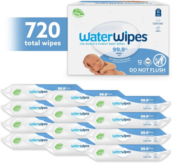 WaterWipes Plastic-Free Original Baby Wipes, 99.9% Water Based Wipes, Unscented & Hypoallergenic for Sensitive Skin, 60 Count (Pack of 12), Packaging May Vary - Image 2