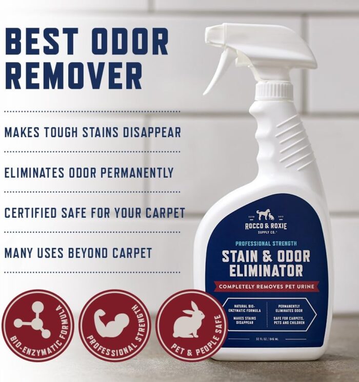 Rocco & Roxie Supply Co. Stain & Odor Eliminator for Strong Odor, 32oz Enzyme Pet Odor Eliminator for Home, Carpet Stain Remover for Cats & Dog Pee, Enzymatic Cat Urine Destroyer, Carpet Cleaner Spray - Image 2