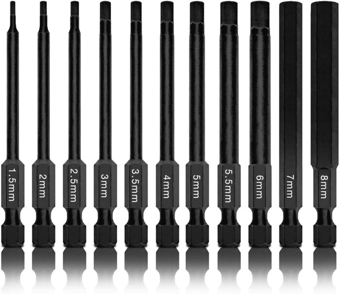 NEIKO 01148A Hex Allen Power Bit Set, 11-Piece Metric Sizes 1.5mm to 8mm | Magnetic Head Bits 3 Quick Release Shanks Premium S2 Steel Compatible with Drills and Impact Drivers