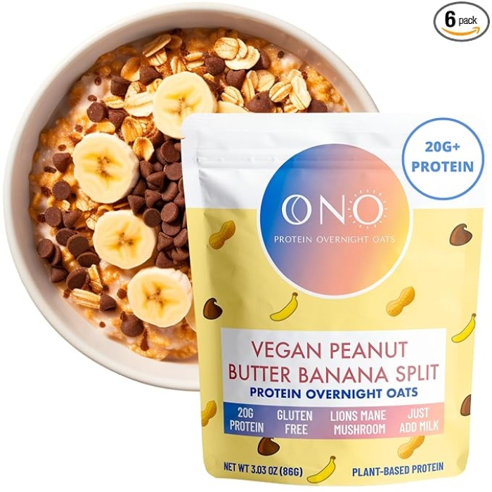 ONO Protein Oatmeal - Vegan Peanut Butter Banana Chocolate Protein Oats (6 Pack)- 20g Vegan Protein Powder, High Fiber, Low Sugar, Organic Gluten-Free Overnight Oats, Lions Mane Mushroom, On The Go