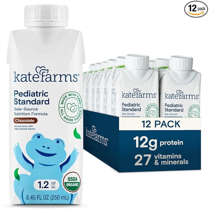 KATE FARMS Organic Plant Based Pediatric 1.2 Chocolate Nutrition Shake, 12g protein, 27 Vitamins and Minerals, High Calorie Meal Replacement, Sole-Source, Gluten Free, 8.45 oz (12 pack)