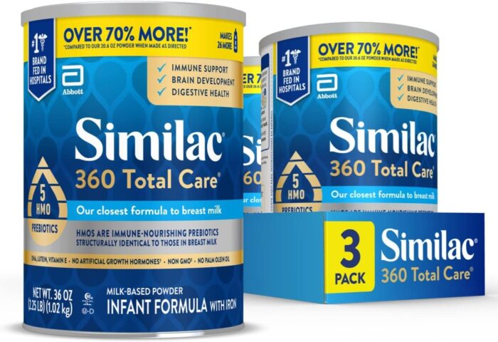 Similac 360 Total Care Infant Formula, with 5 HMO Prebiotics, Our Closest Formula to Breast Milk, Non-GMO, Baby Formula Powder, 36-oz Tub (Case of 3)