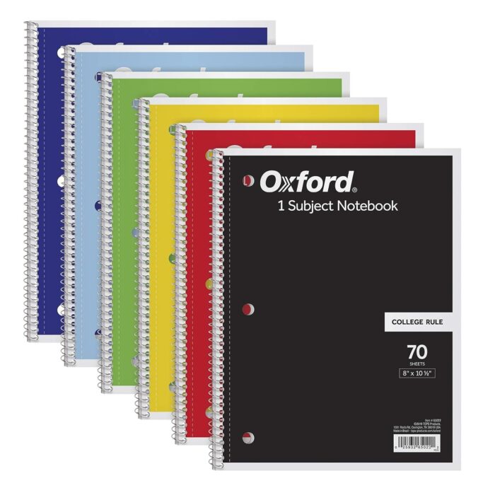 Oxford Spiral Notebook 6 Pack, 1 Subject, College Ruled Paper, 8 x 10-1/2 Inch, Color Assortment Design May Vary (65007)