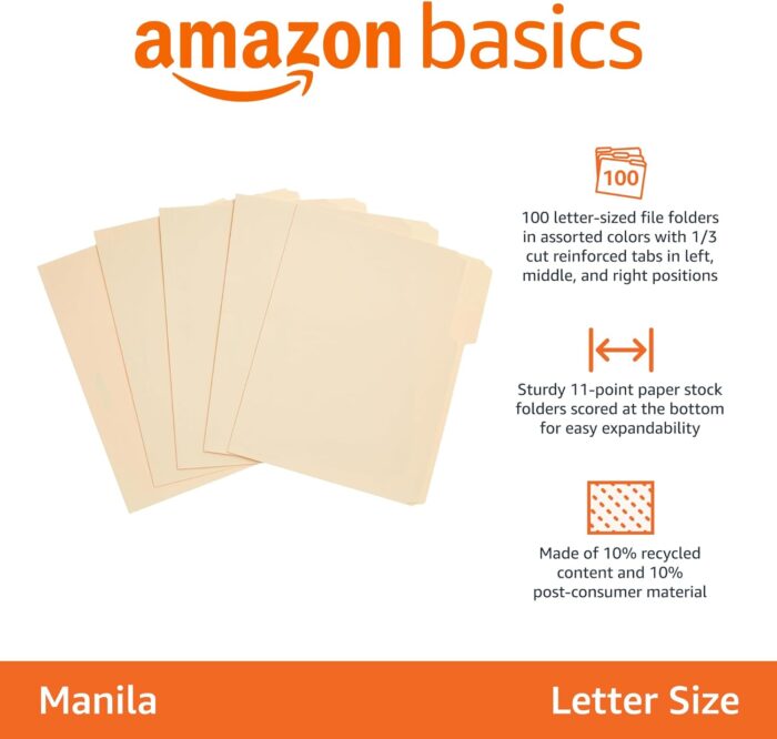 Basics 1/3-Cut Tab, Assorted Positions File Folders, Letter Size, Manila - Pack of 100 - Image 2