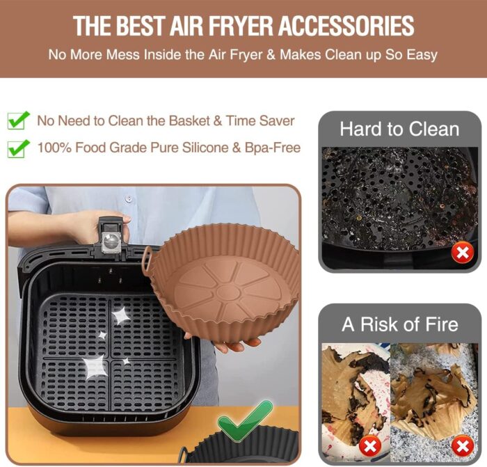 2 Pack Air Fryer Silicone Liners Pot for 3 to 5 QT, Air Fryer Silicone Basket Bowl, Replacement of Flammable Parchment Paper, Reusable Baking Tray Oven Accessories, Brown+Blk, (Top 8in, Bottom 6.75in) - Image 4