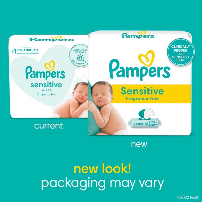 Pampers Sensitive Baby Wipes, Water Based, Hypoallergenic and Unscented, 4 Flip-Top Packs (336 Wipes Total) - Image 2