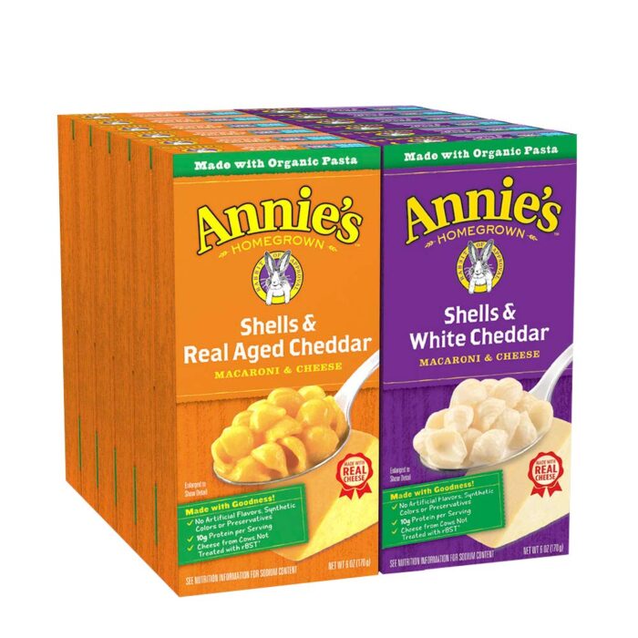 Annie's Organic Macaroni and Cheese Variety Pack, Shells & White Cheddar and Shells & Real Aged Cheddar, 6 oz (Pack of 12)