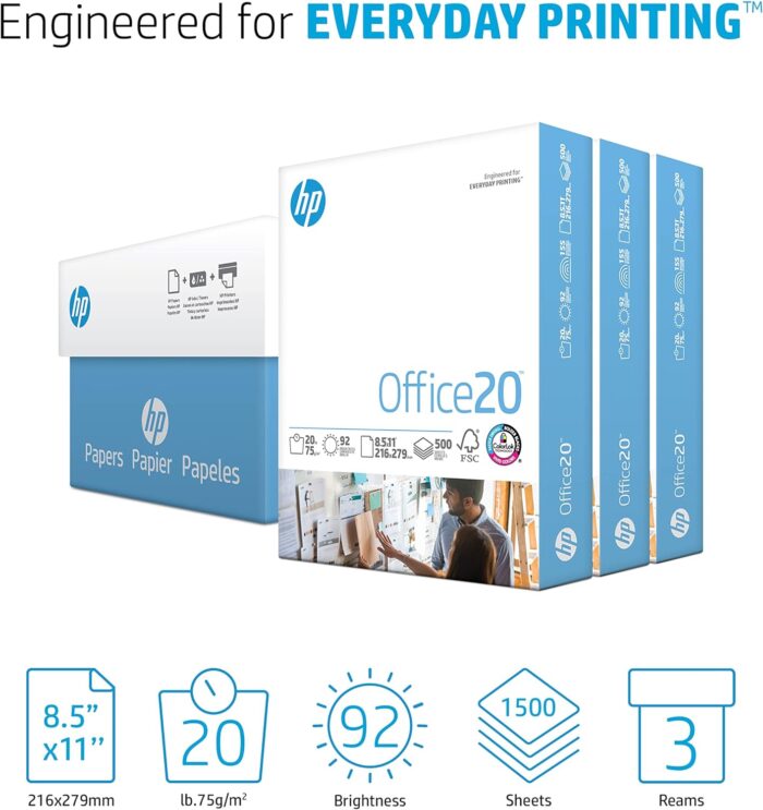 HP Printer Paper | 8.5 x 11 Paper | Office 20 lb | 3 Ream Case - 1500 Sheets | 92 Bright | Made in USA - FSC Certified | 112090C, White - Image 2