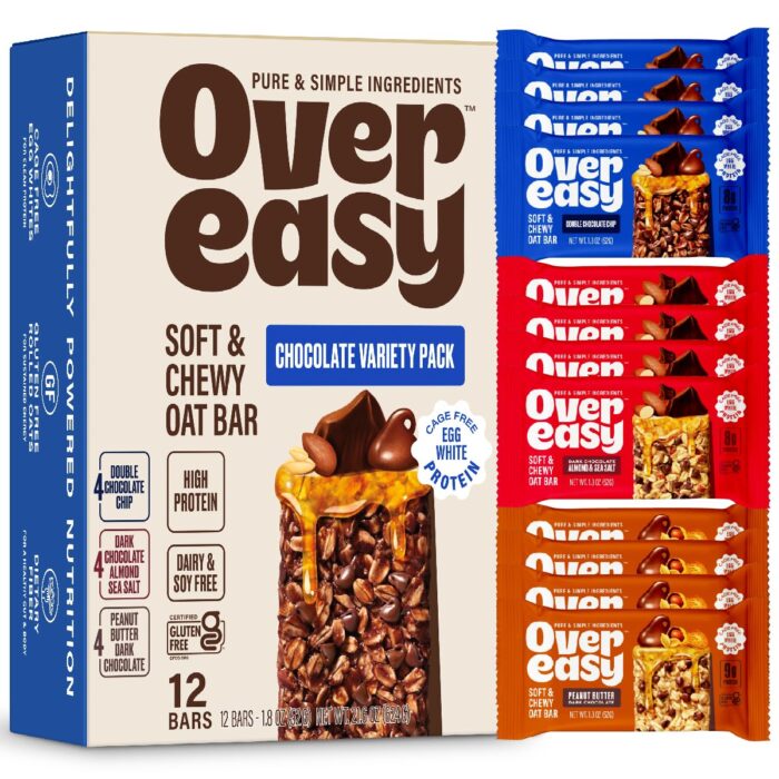 OVER EASY Soft and Chewy Breakfast Protein Bars, Made with Pure and Simple Ingredients, Clean, Gluten Free, Dairy Free, Soy Free and Kosher (Chocolate Variety Pack, 12 Count)…