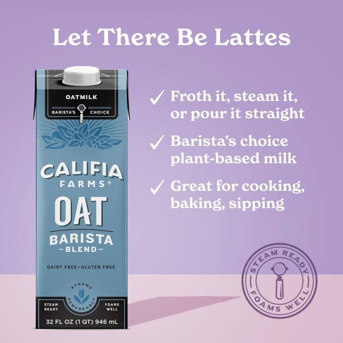 Califia Farms - Oat Barista Blend Oat Milk, 32 Oz (Pack of 6), Shelf Stable, Dairy Free, Plant Based, Vegan, Gluten Free, Non GMO, High Calcium, Milk Frother, Creamer, Oatmilk - Image 2