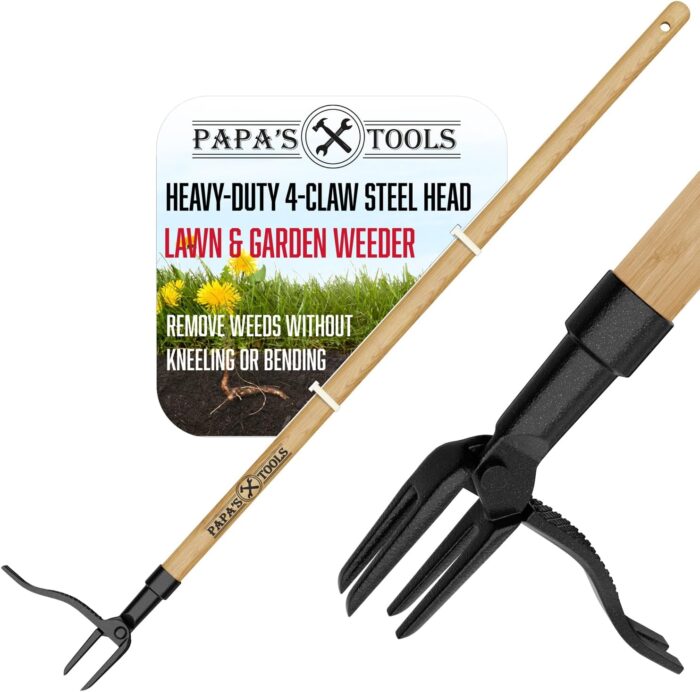 Papa's Weeder - Stand Up Weed Puller Tool Made with Long Wooden Handle - Real Bamboo & 4-Claw Steel Head - Easily Remove Weeds Effortlessly Without The Need to Tug, Bend, Or Flex,