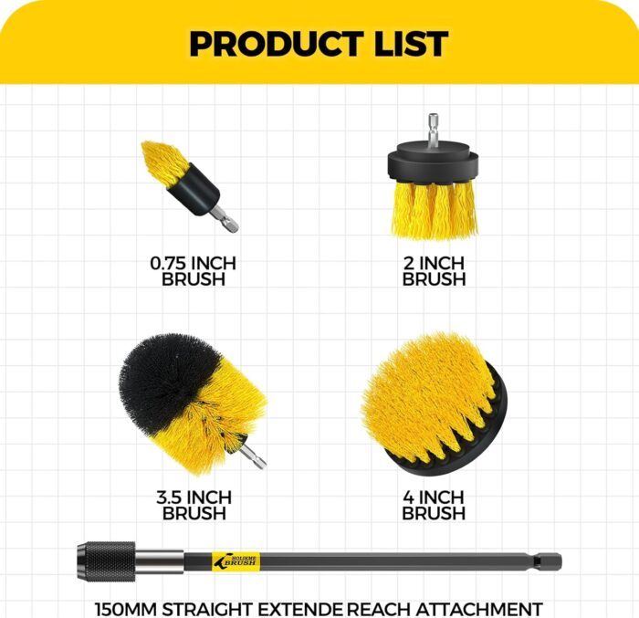 Holikme 5Pack Drill Brush Power Scrubber Cleaning Brush Extended Long Attachment Set All Purpose Scrub Brushes Kit for Grout, Floor, Tub, Shower, Tile, Bathroom and Kitchen Surface，Yellow - Image 7