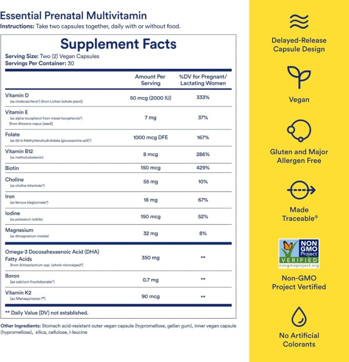 Ritual Prenatal Vitamins: Folate & Choline for Neural Tube Support, Omega-3 DHA for Fetal Brain Development, Iron, Calcium-Helper D3 & K2, Non-GMO, Citrus Essenced, 30 Day Supply, 60 Vegan Capsules - Image 6