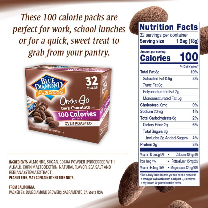 Blue Diamond Almonds Dark Chocolate Cocoa Dusted Snack Nuts, 100 Calorie Packs, 32 Count - Image 5