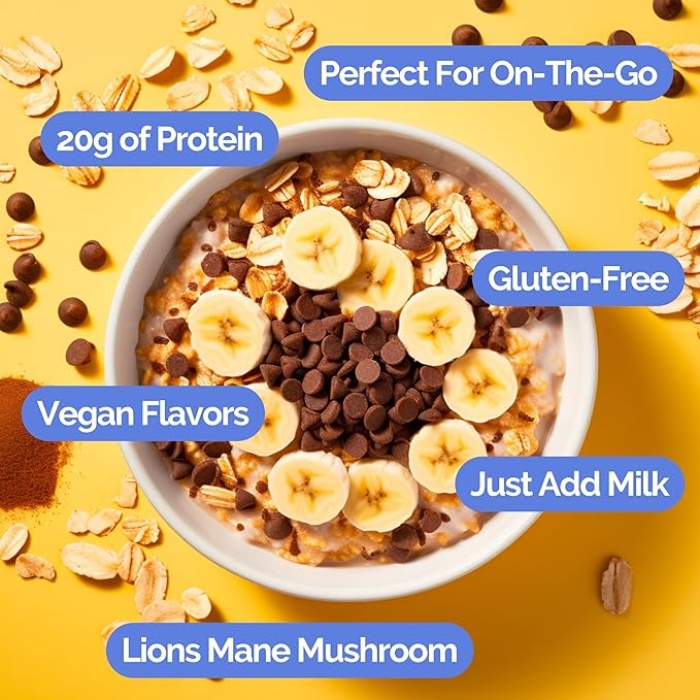 ONO Protein Oatmeal - Vegan Peanut Butter Banana Chocolate Protein Oats (6 Pack)- 20g Vegan Protein Powder, High Fiber, Low Sugar, Organic Gluten-Free Overnight Oats, Lions Mane Mushroom, On The Go - Image 2