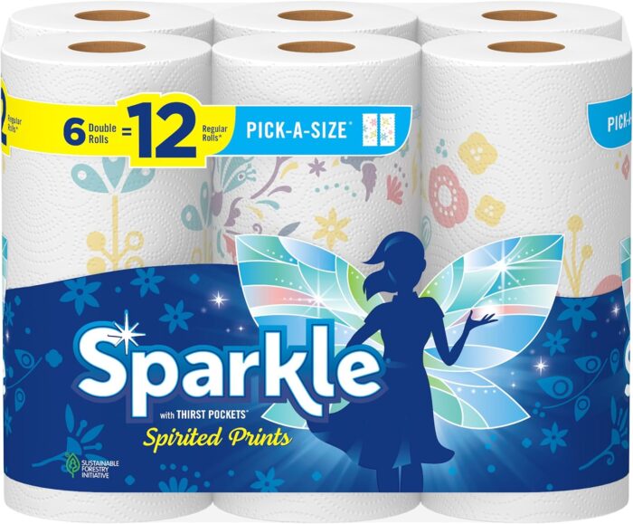 Sparkle Pick-A-Size Paper Towels, Spirited Prints, 6 Double Rolls = 12 Regular Rolls, Strong and Absorbent Paper Towel