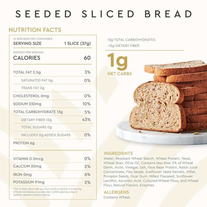 Hero Seeded Bread — Delicious Bread with 1g Net Carb, 0g Sugar, 60 Calories, 12g Fiber per Slice | Tastes Like Regular Bread | Low Carb & Keto Friendly Bread Loaf — 15 Slices/Loaf, 4 Loaves - Image 3