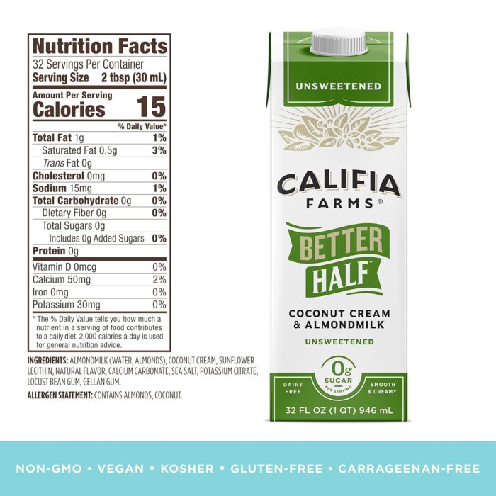 Califia Farms - Unsweetened Better Half, Half and Half Substitute, 32 Oz (Pack of 6), Almond Milk, Coconut Cream, Coffee Creamer, Keto, Shelf Stable, Dairy Free, Plant Based, Vegan - Image 6