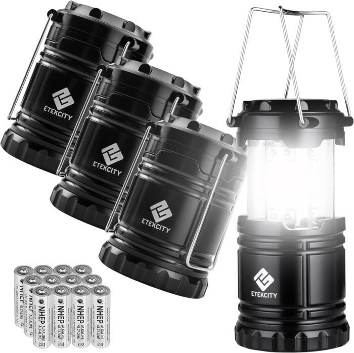 Etekcity Lantern Camping, Flashlight for Power Outages, Portable Camping Essentials Lights, Led Battery Operated Lamp for Emergency, Survival Gear and Supplies for Hurricane, 4 Pack, Black