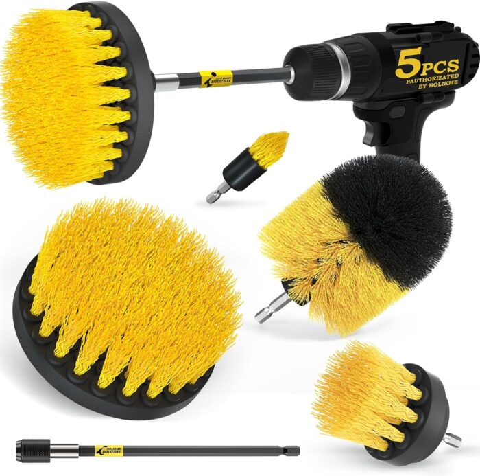 Holikme 5Pack Drill Brush Power Scrubber Cleaning Brush Extended Long Attachment Set All Purpose Scrub Brushes Kit for Grout, Floor, Tub, Shower, Tile, Bathroom and Kitchen Surface，Yellow