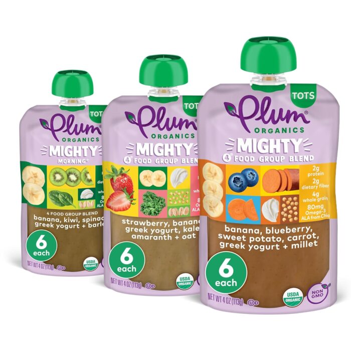 Plum Organics Mighty 4 and Mighty Morning Organic Toddler Food - 4 Food Group Blend Variety Pack - 4 oz Pouch (Pack of 18) - Organic Fruit and Vegetable Toddler Food Pouch