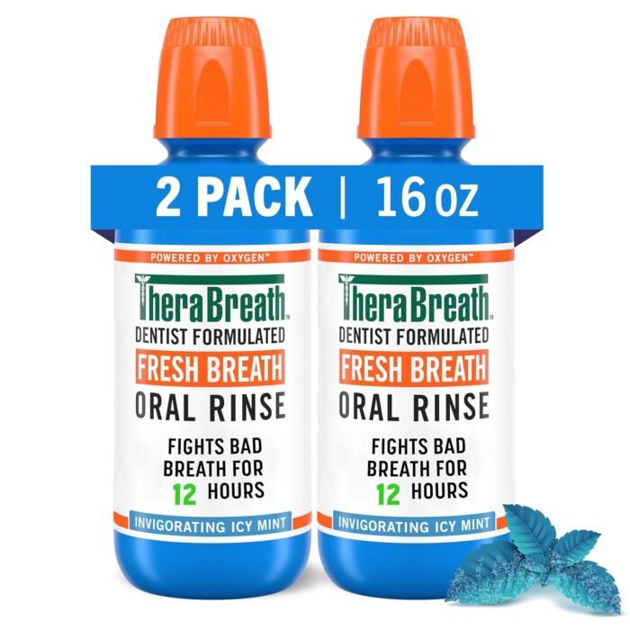 TheraBreath Fresh Breath Mouthwash, Icy Mint Flavor, Alcohol-Free, 16 Fl Oz (Pack of 2)