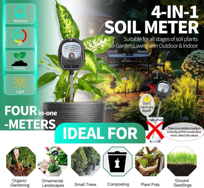 4-in-1 Soil Test Kit, Soil Moisture Meter/Light/Fertility/Soil pH Meter for Gardening, No Need Battery Soil Plant Hygrometer Soil Tester for Indoor&Outdoor Garden,Farm,Lawn -MatteBlack